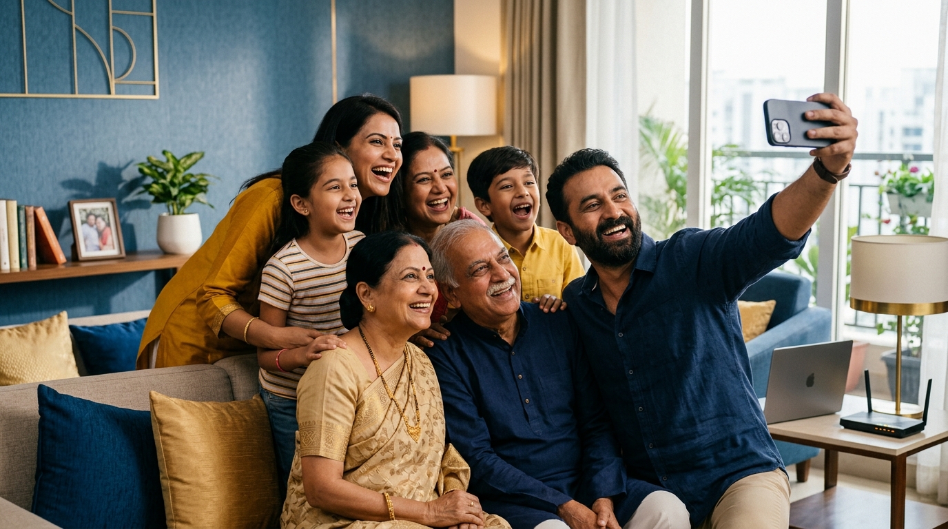 Happy family using Shree Maurya Infoway broadband